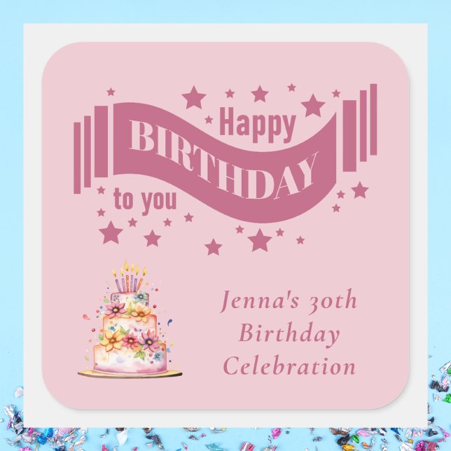 Modern Pastel Pink Colourful Happy Birthday Square Sticker (Creator Uploaded)
