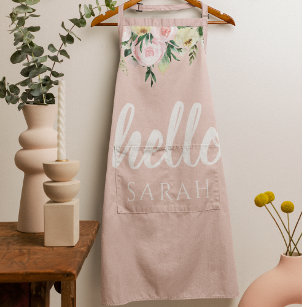Modern Pastel Pink Flowers Hello And You Name Apron
