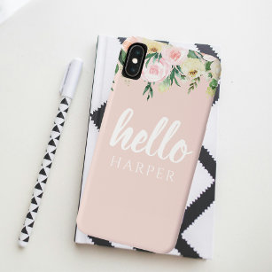 Modern Pastel Pink Flowers Hello And You Name Case-Mate iPhone Case