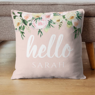 Modern Pastel Pink Flowers Hello And You Name Cushion