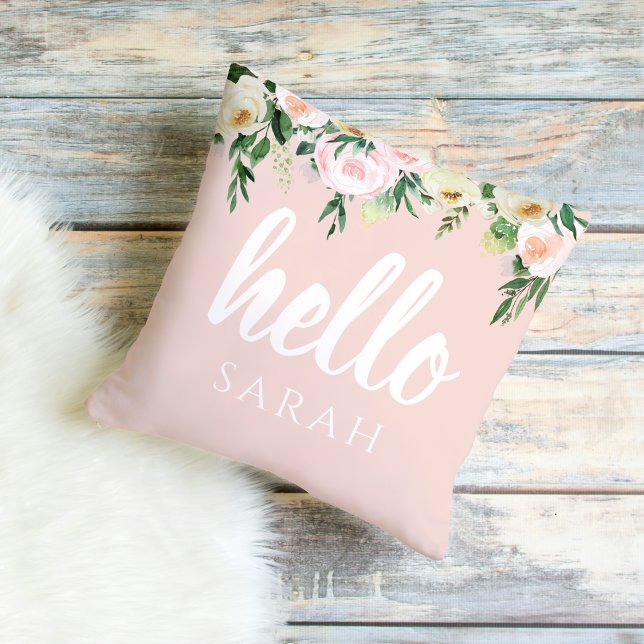 Modern Pastel Pink Flowers Hello And You Name Cushion (Creator Uploaded)