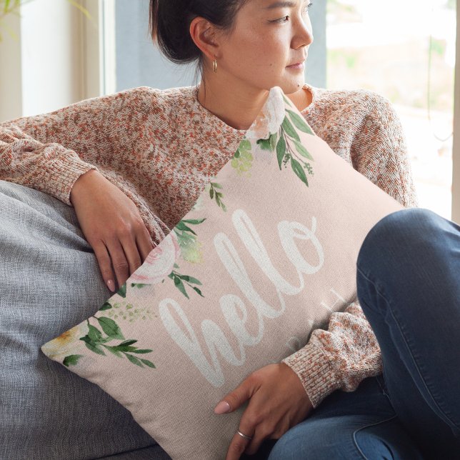 Modern Pastel Pink Flowers Hello And You Name Decorative Cushion (Creator Uploaded)