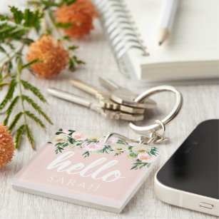 Modern Pastel Pink Flowers Hello And You Name Key Ring