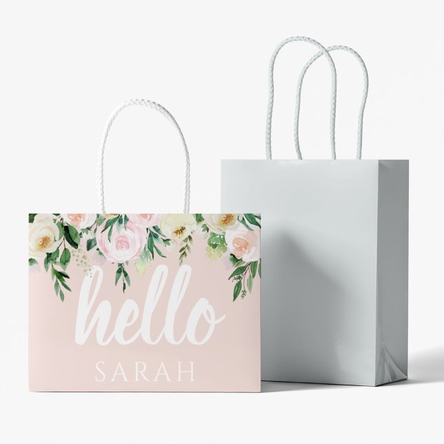 Modern Pastel Pink Flowers Hello And You Name Large Gift Bag (Creator Uploaded)
