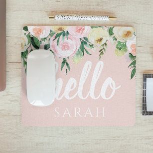Modern Pastel Pink Flowers Hello And You Name Mouse Pad