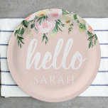 Modern Pastel Pink Flowers Hello And You Name Paper Plate<br><div class="desc">Modern Pastel Pink Flowers Hello And You Name</div>