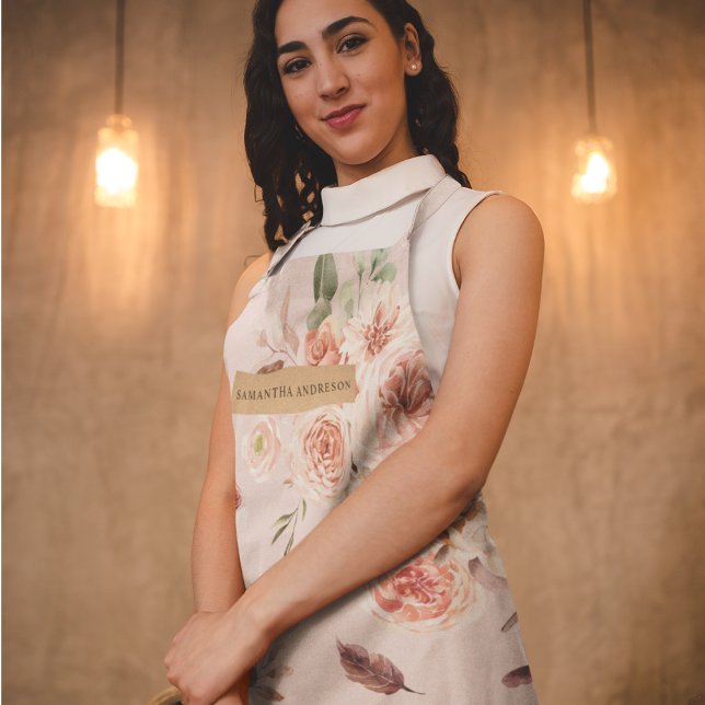 Modern Pastel Pink Flowers & Kraft Personalised  Apron (Creator Uploaded)