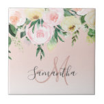 Modern Pastel Pink & Flowers With Name Ceramic Tile<br><div class="desc">Modern Pastel Pink & Flowers With Name</div>