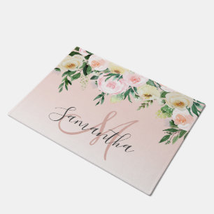 Modern Pastel Pink & Flowers With Name Doormat