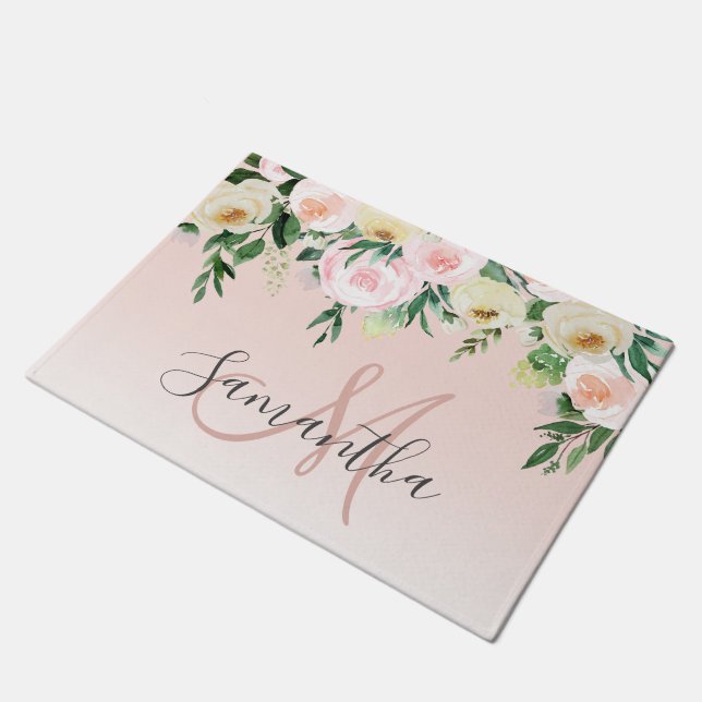 Modern Pastel Pink & Flowers With Name Doormat (Angled)