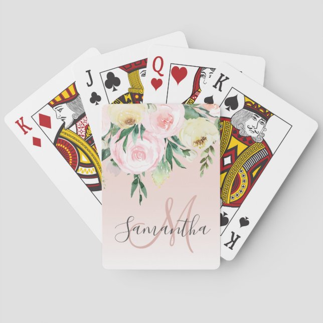 Modern Pastel Pink & Flowers With Name Playing Cards (Back)