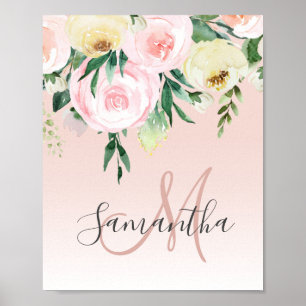 Modern Pastel Pink & Flowers With Name Poster