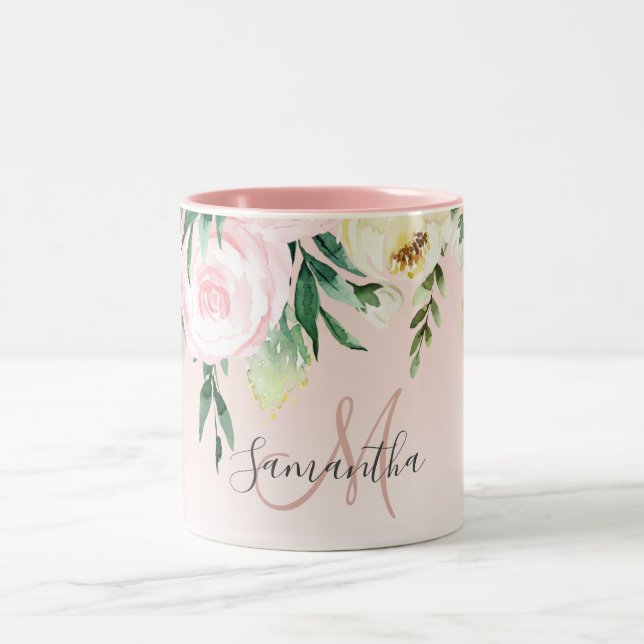 Modern Pastel Pink & Flowers With Name Two-Tone Coffee Mug (Center)