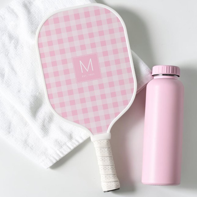 Modern Pastel Pink Gingham Monogram Established Pickleball Paddle (Modern Pastel Pink Gingham Monogram Established Pickleball Paddle)