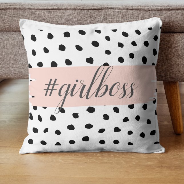 Modern Pastel Pink Girl Boss & Black Dots Cushion (Creator Uploaded)