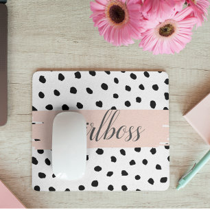 Modern Pastel Pink Girl Boss & Black Dots Mouse Pad