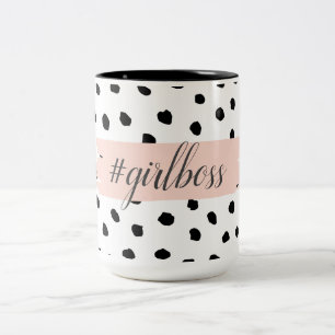 Modern Pastel Pink Girl Boss & Black Dots Two-Tone Coffee Mug