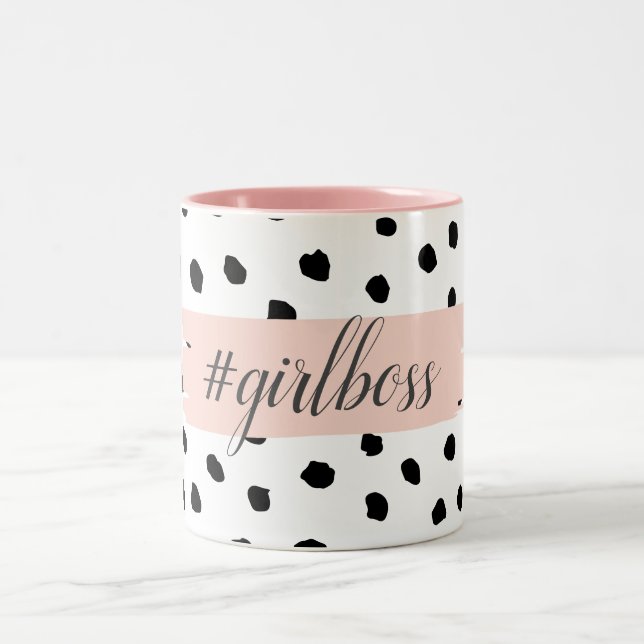 Modern Pastel Pink Girl Boss & Black Dots Two-Tone Coffee Mug (Center)