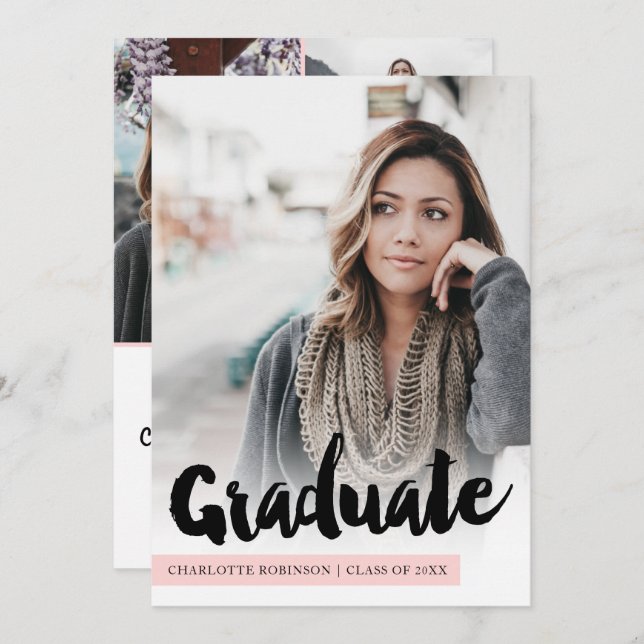 Modern pastel pink grad script 4 photos graduation invitation (Front/Back)