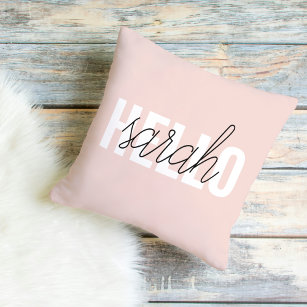 Modern Pastel Pink Hello And You Name Cushion