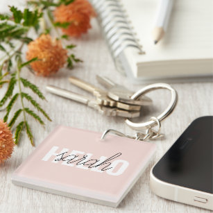 Modern Pastel Pink Hello And You Name Key Ring