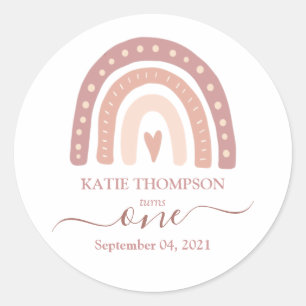 Modern Pastel Pink Rainbow Boho First Birthday Classic Round Sticker
