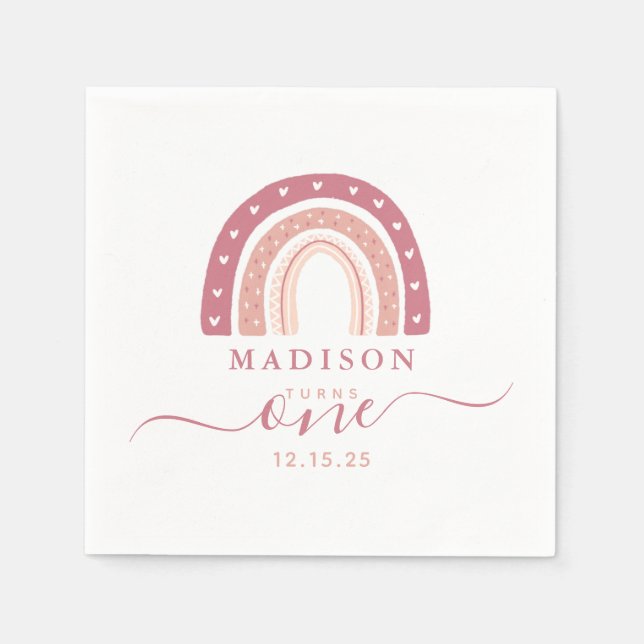 Modern Pastel Pink Rainbow Boho First Birthday Napkin (Front)