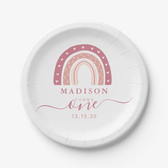 Modern Pastel Pink Rainbow First Birthday Paper Plate (Front)