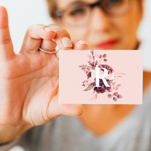 Modern Pastel Pink & Red Floral With Initial Business Card