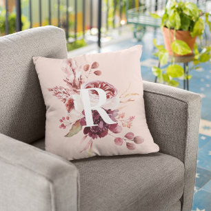 Modern Pastel Pink & Red Floral With Initial Cushion