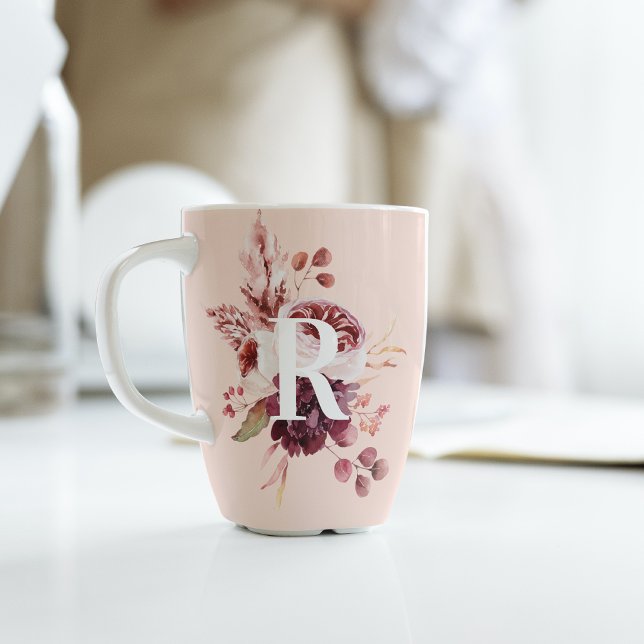 Modern Pastel Pink & Red Floral With Initial Latte Mug (Creator Uploaded)