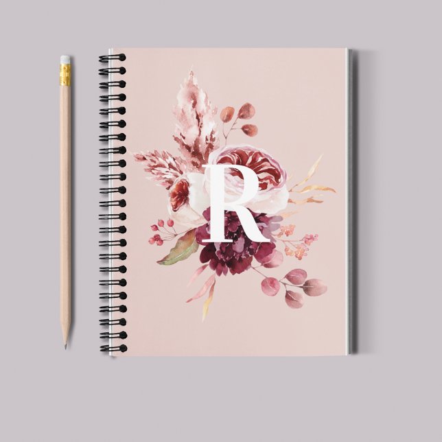 Modern Pastel Pink & Red Floral With Initial Notebook (Creator Uploaded)