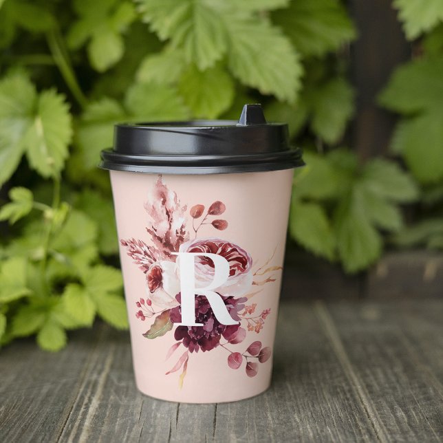 Modern Pastel Pink & Red Floral With Initial Paper Cups (Creator Uploaded)