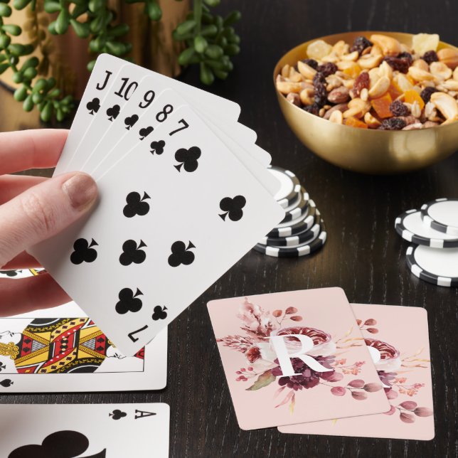 Modern Pastel Pink & Red Floral With Initial Playing Cards (In Situ)