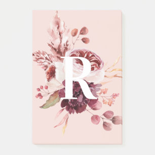 Modern Pastel Pink & Red Floral With Initial Post-it Notes