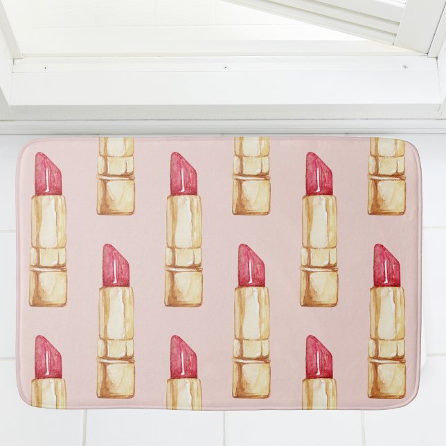 Modern Pastel Pink & Red Lipstick Pattern Girly Bath Mat (Creator Uploaded)