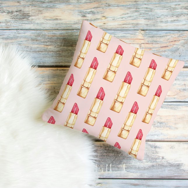 Modern Pastel Pink & Red Lipstick Pattern Girly Cushion (Creator Uploaded)