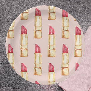 Modern Pastel Pink & Red Lipstick Pattern Girly Paper Plate