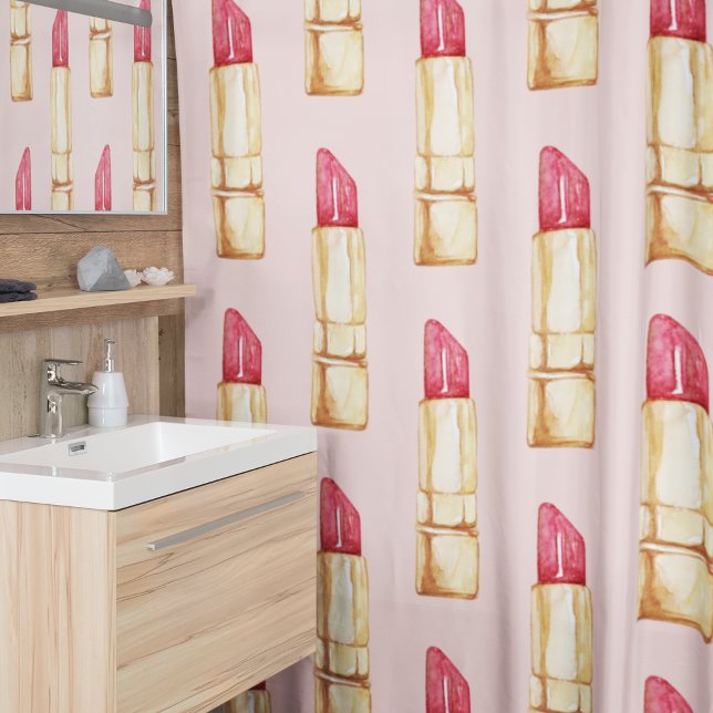 Modern Pastel Pink & Red Lipstick Pattern Girly Shower Curtain (Creator Uploaded)