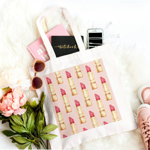 Modern Pastel Pink & Red Lipstick Pattern Girly Tote Bag