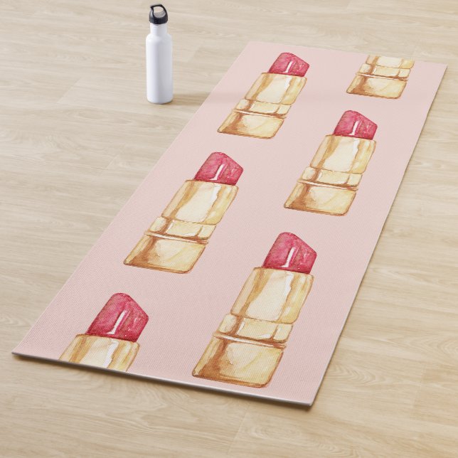 Modern Pastel Pink & Red Lipstick Pattern Girly Yoga Mat (In Situ)