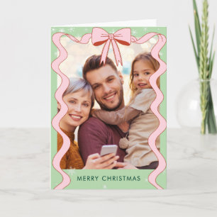 Modern Pastel Pink Ribbon Custom Photo Folded Holiday Card