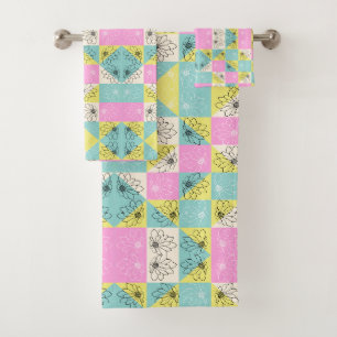 Modern Pastel Pink & Teal Floral Chequerboard Bath Towel Set