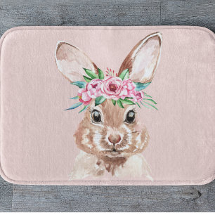 Modern Pastel Pink Watercolor Bunny With Flowers Bath Mat