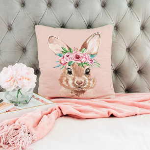 Modern Pastel Pink Watercolor Bunny With Flowers  Cushion