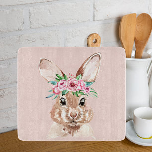 Modern Pastel Pink Watercolor Bunny With Flowers Cutting Board