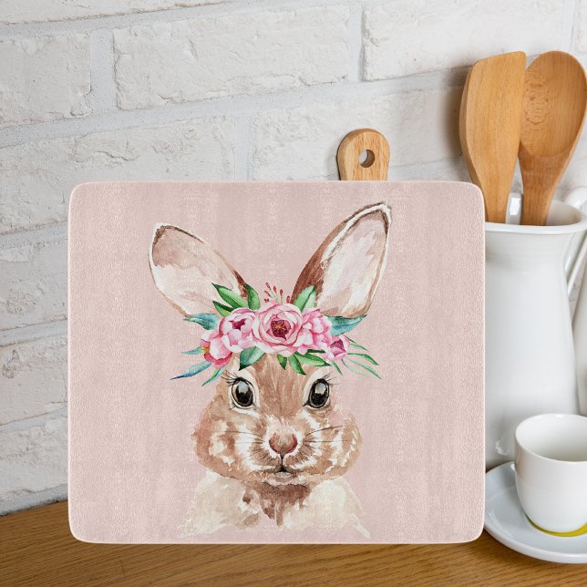 Modern Pastel Pink Watercolor Bunny With Flowers Cutting Board (Creator Uploaded)