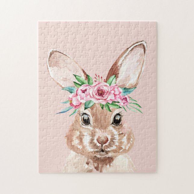 Modern Pastel Pink Watercolor Bunny With Flowers  Jigsaw Puzzle (Vertical)