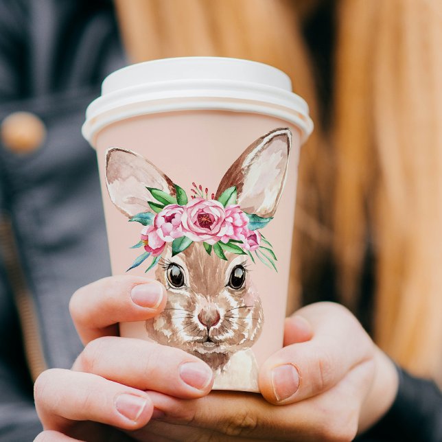 Modern Pastel Pink Watercolor Bunny With Flowers  Paper Cups (Creator Uploaded)