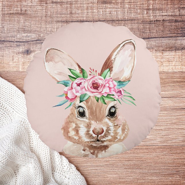 Modern Pastel Pink Watercolor Bunny With Flowers  Round Cushion (Creator Uploaded)